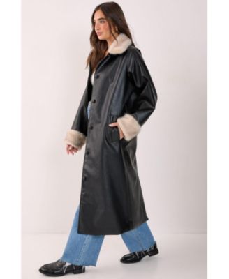 Women's Faux Leather Longline Fur Trim Coat