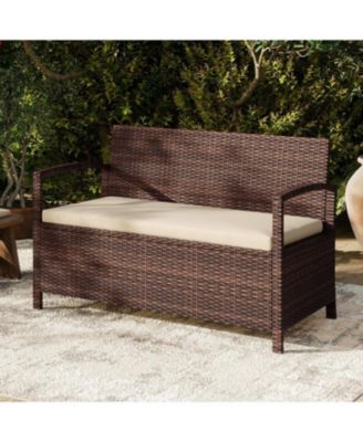 2-Seat PE Wicker Patio Storage Bench with Cushion and Deck Box