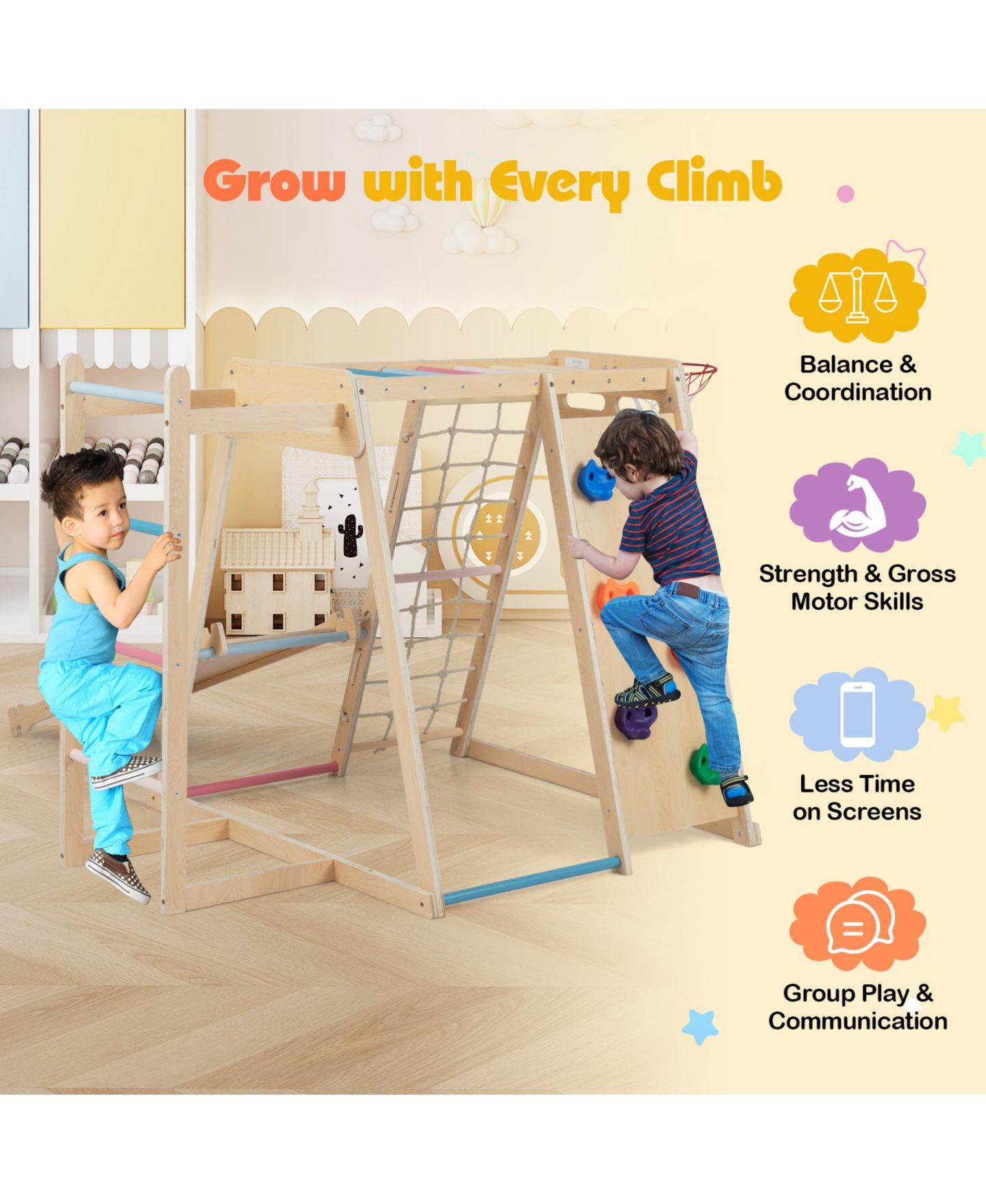 Детская игрушка Mecale 6-in-1 Birch Wood Indoor Jungle Gym with Slide, Monkey Bars & Basketball Hoop, Ages 3-14, цвет: Коричневый — фото 8
