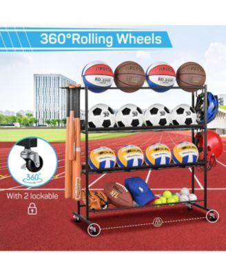 Basketball Rack, Ball Storage with Baseball Bat Holder, Rolling Ball rack with Removable Nylon Mesh for Various Ball Sizes