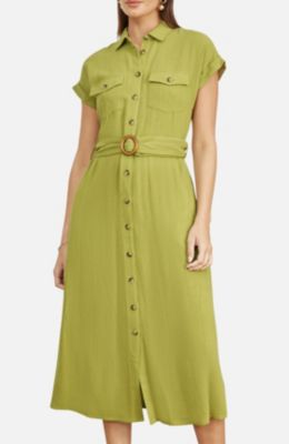 Women's Viscose Linen Look Midi Shirt Dress