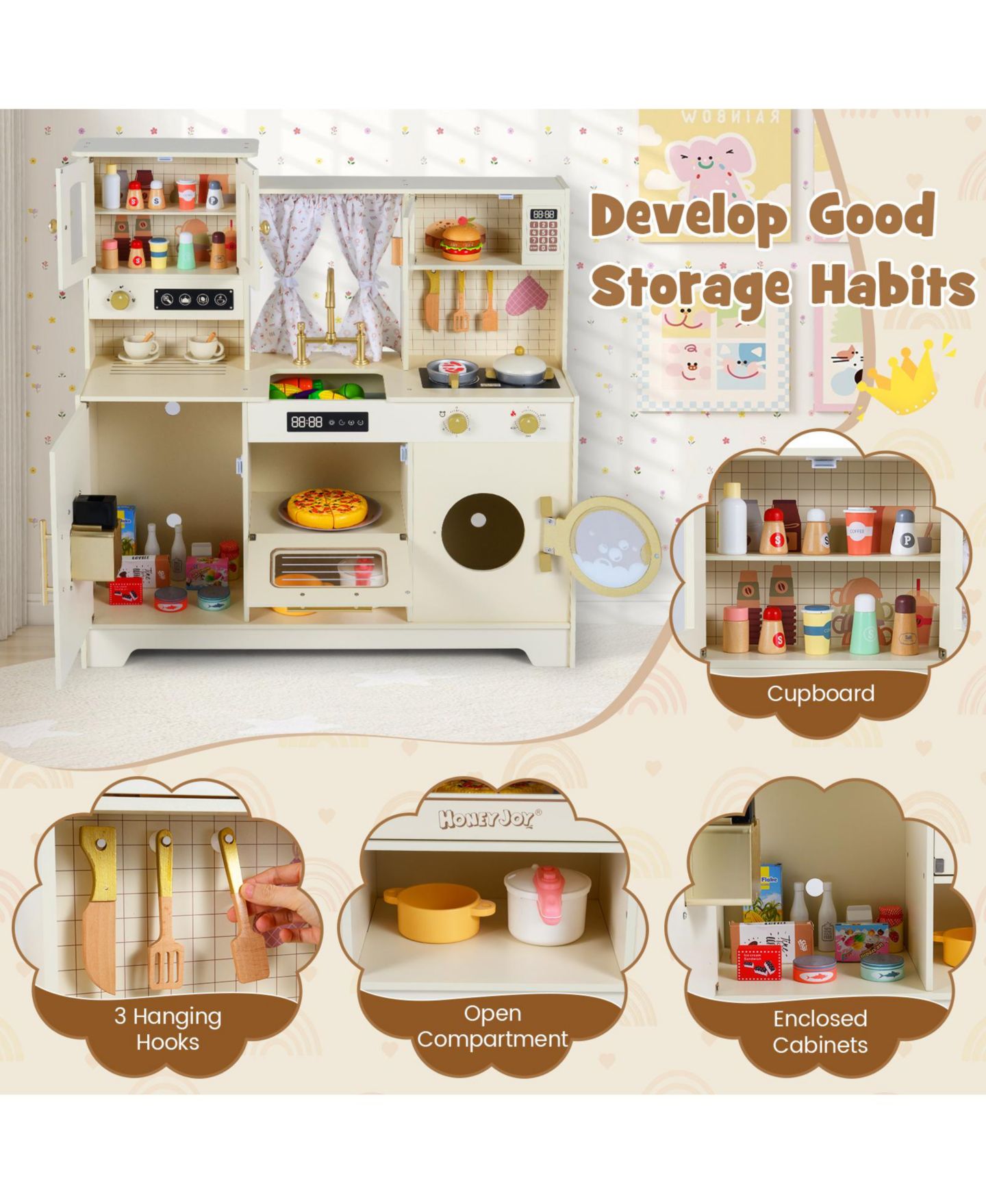 Детские игрушки Mecale Wooden Kitchen Playset, 14-Piece Set, Ages 3+, цвет: Коричневый — фото 9