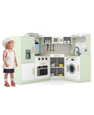 Corner Kids Play Kitchen with Washing Machine & Ice Maker, Pretend Play Gift for Boys & Girls