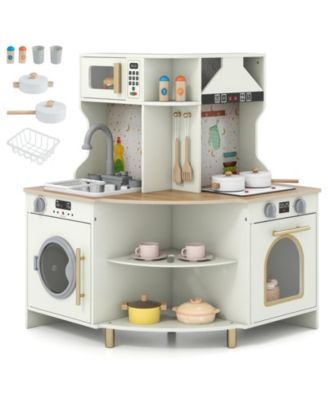 Kids Play Kitchen, Wooden Corner Kitchen Playset with Working Faucet & Sink