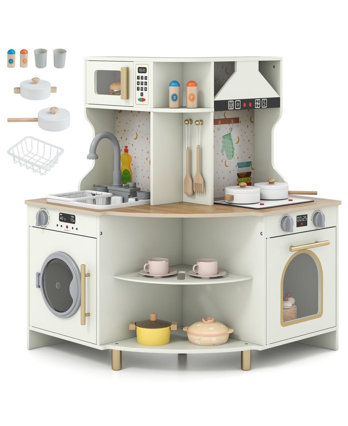 Детский игровой набор Mecale Wooden Corner Kitchen Playset with Working Faucet & Sink, Ages 3+, цвет: Белый — фото 1