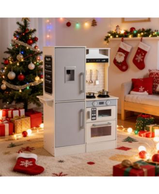 Dual-Sided Kids Play Kitchen with Water Dispenser & Range Hood for Ages 3