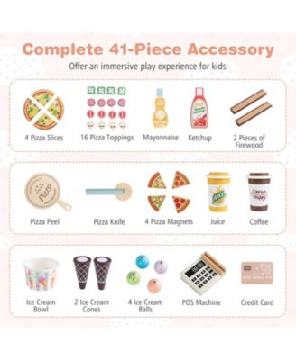 Kids Pizza Food Truck Wooden Pretend Snack Cart with Oven for Fun Role Play