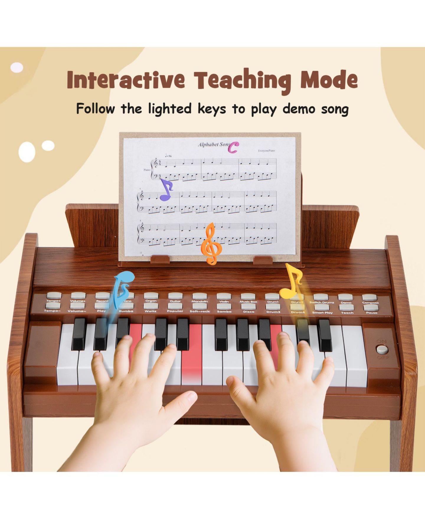 Детская игрушка Mecale 25-Key Children's Piano Keyboard with Light-Up Teaching Mode, Adjustable Speed & Volume, Ages 3+, цвет: Коричневый — фото 5