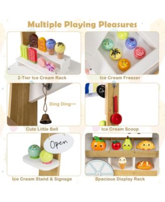 Wooden Ice Cream Cart for Kids, 2-in-1 Grocery Store Playset with Display Shelves