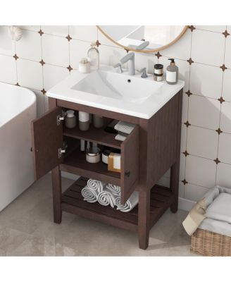 24" Bathroom Vanity with Ceramic Sink, Solid Wood Frame, Open Shelf Storage for Modern Small Spaces