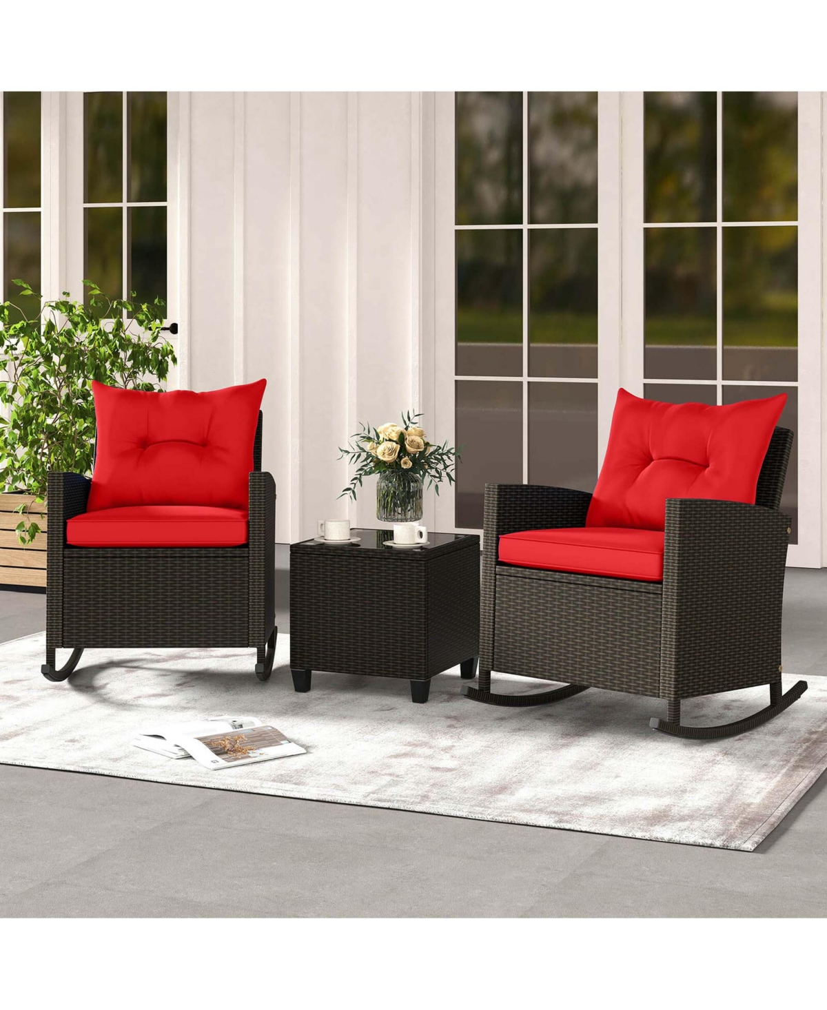 3 Pcs Patio Wicker Rocking Set with Tempered Glass Table & Soft Cushions Outdoor