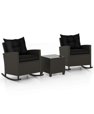 3 PCS Patio Wicker Rocking Set with Tempered Glass Table and Soft Cushions Outdoor