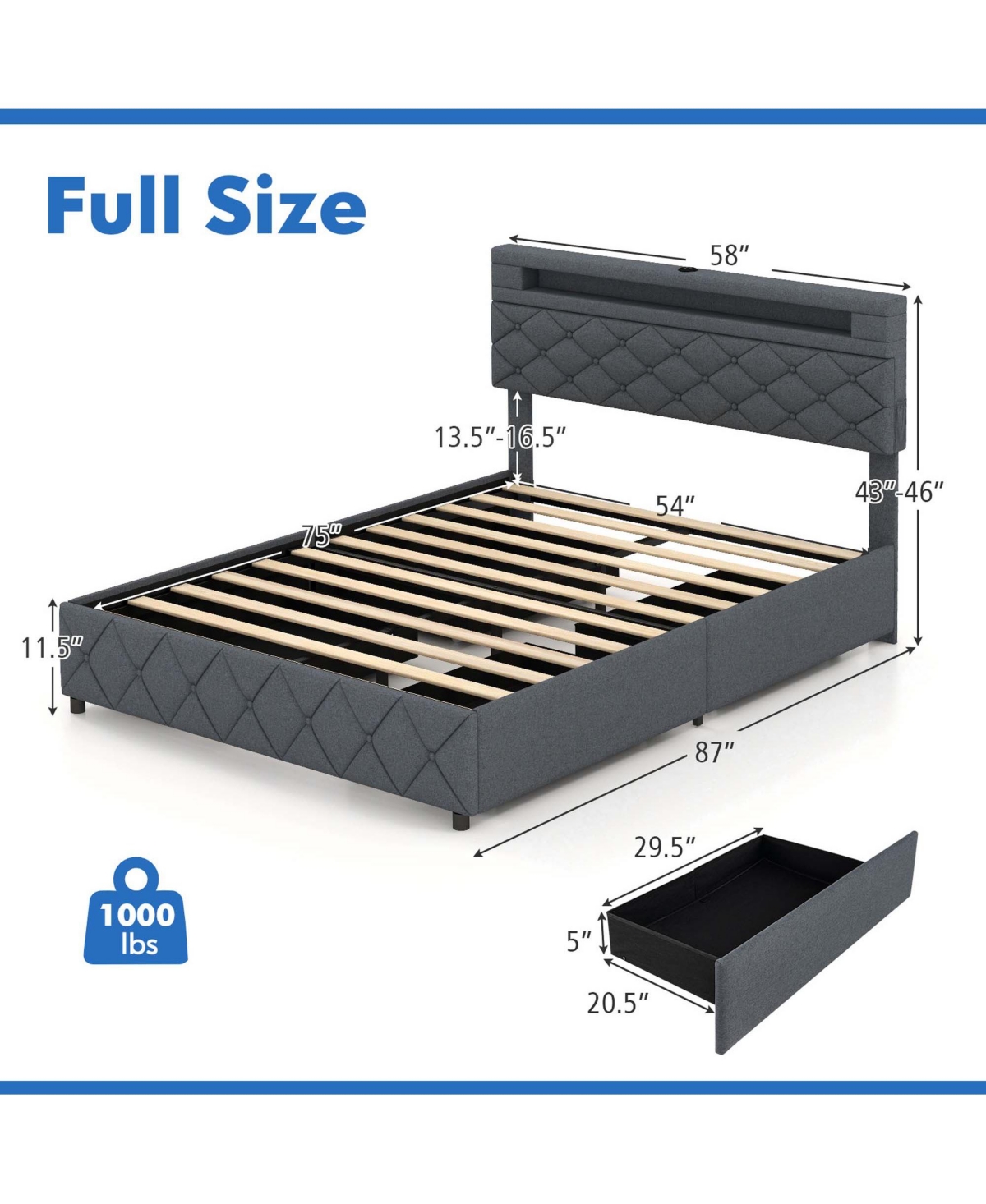 Full Size Bed Frame with Led Lights & Charging Station & Modern Upholstered Bed