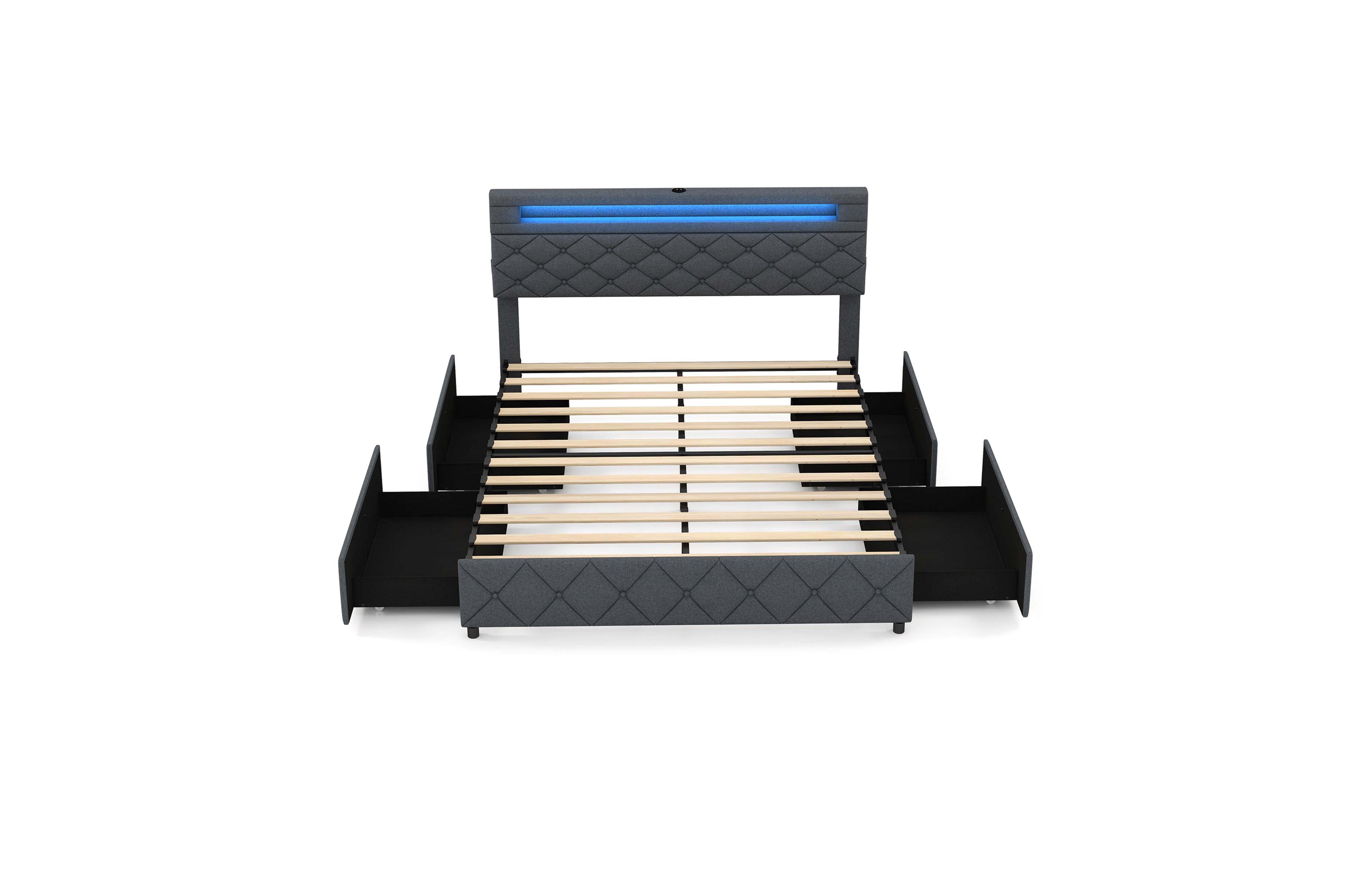 Queen Size Bed Frame with Led Lights Charging Station Upholstered Bed