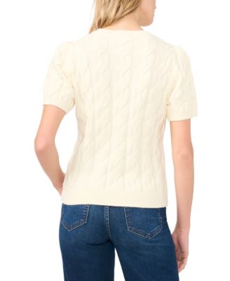 Women's Cable Puff-Sleeve Crew Neck Sweater