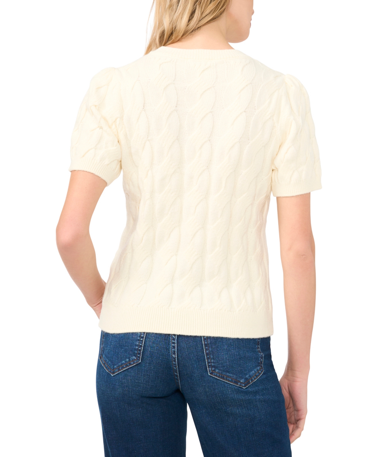 CeCe Women's Cable Puff-Sleeve Crew Neck Sweater