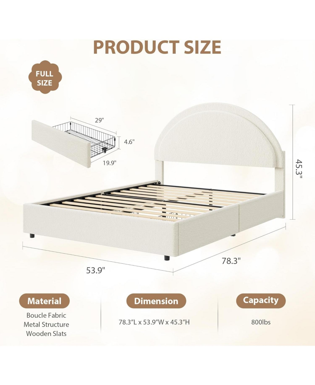 gaomon Size Boucle Bed Frame with 2 Storage Drawers,Soft Upholstered Platform Bed Frame with Round Headboard,Heavy Duty,Wooden Slats