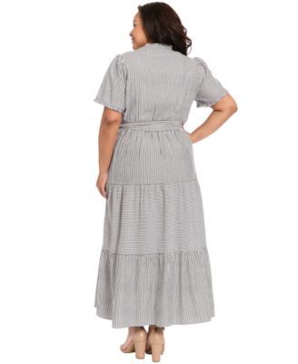 Plus Size Stripe Tiered Ruffle Neck Dress