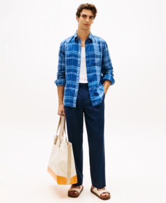 Men's Linen Summer Madras Plaid Shirt