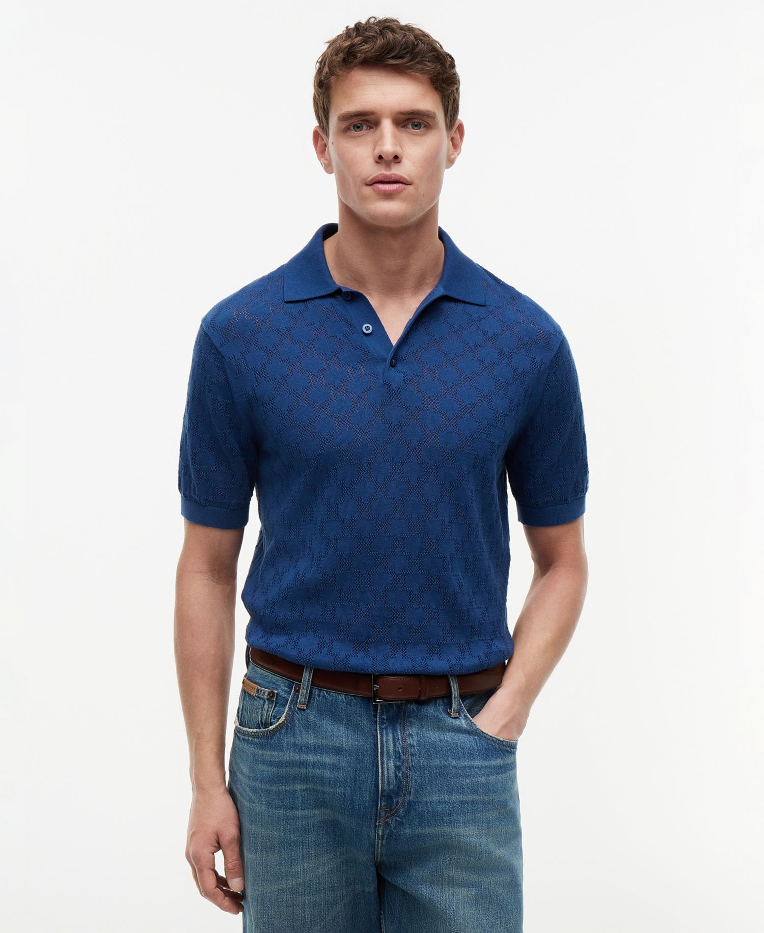 Men's Regular-Fit Open Knit Pattern Short-Sleeve Sweater Polo