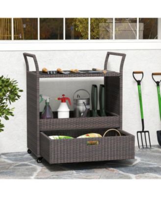 Patio Wicker Bar Cart with Durable Tempered Glass Tabletop