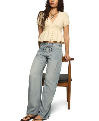 Women's Drawstring Sleeves Lace Peplum V-Neck Top