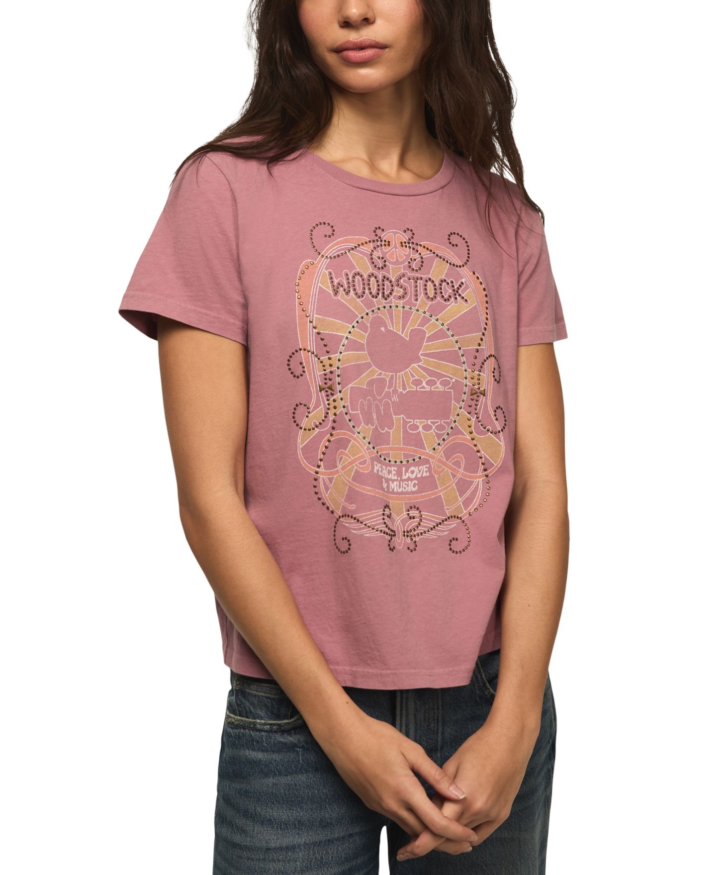 Женская футболка Lucky Brand Classic Fit Woodstock Peace Love Music Crew Neck, цвет: Розовый — фото 1