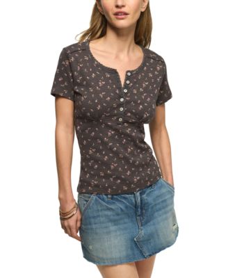 Women's Crochet Trim Short-Sleeve Henley Top