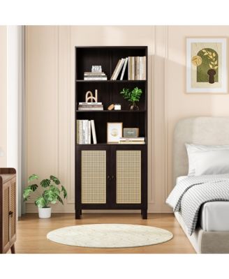 71" Tall Bookshelf, 5 Tier Wood Storage Bookcase with Rattan Doors and Ample Storage Space for Living Room, Home Office