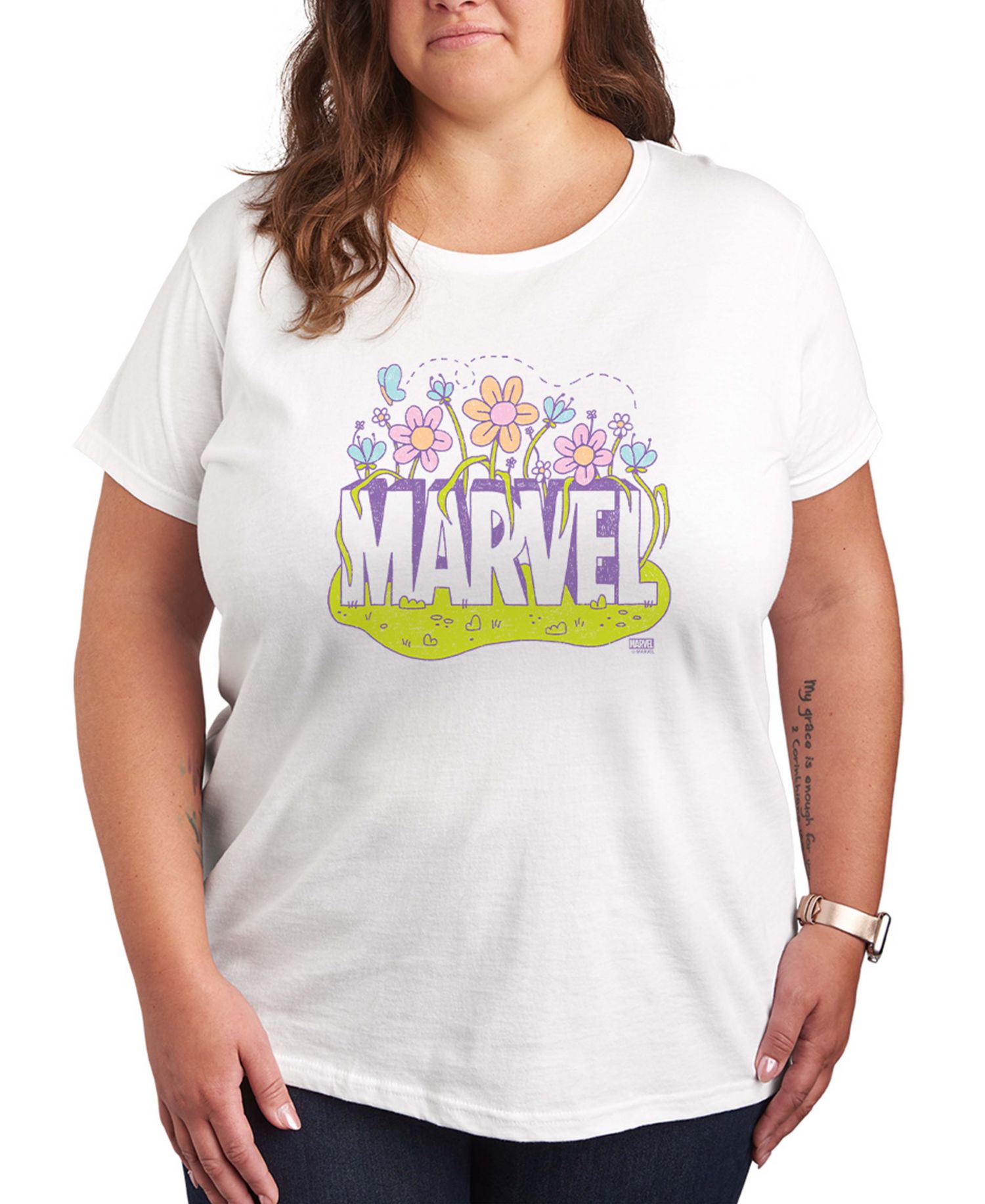 Plus Size Marvel Logo Florals Short-Sleeve Graphic T-Shirt