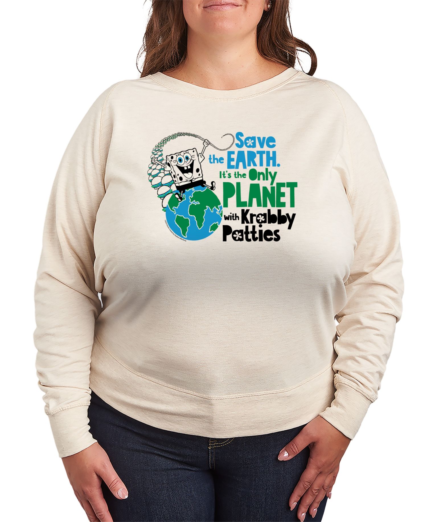 Plus Size Square Pants Save The Earth French Terry Long-Sleeve T-Shirt