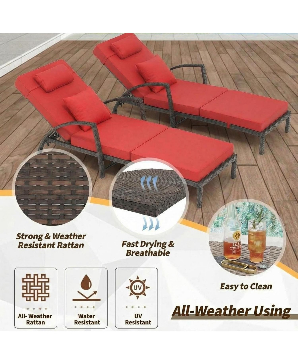 gaomon 2-Piece Rattan Patio Folding Chaise Lounge, 5-Position Adjustable Backrest Outdoor Lounge Chair with Cushion and Pillow for Poolside, Backyard.