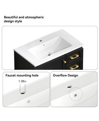  Modern Bathroom Vanity with Sink, Transitional MDF Cabinet, Ample Soft Close Storage, 1 Door 3 Drawers for Stylish Bathrooms