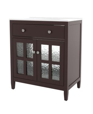 Bathroom Vanity with Sink, Modern Solid Wood Cabinet with Textured Glass Doors, Flip-Out Tray & Adjustable Shelf