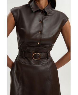 Women's Faux Leather Belted Midi Dress
