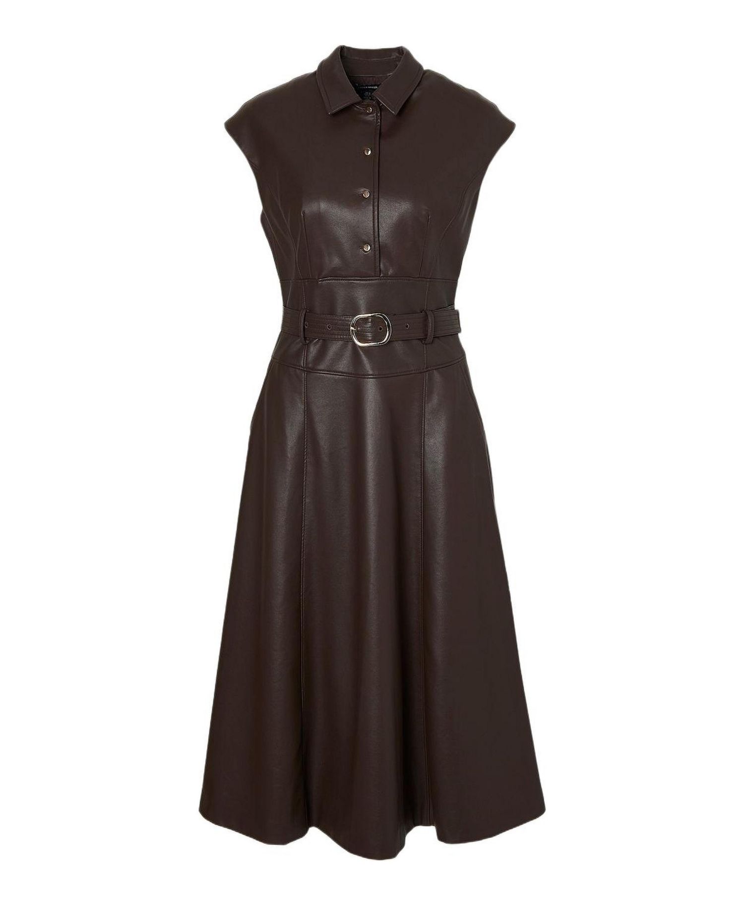 Women's Faux Leather Belted Midi Dress