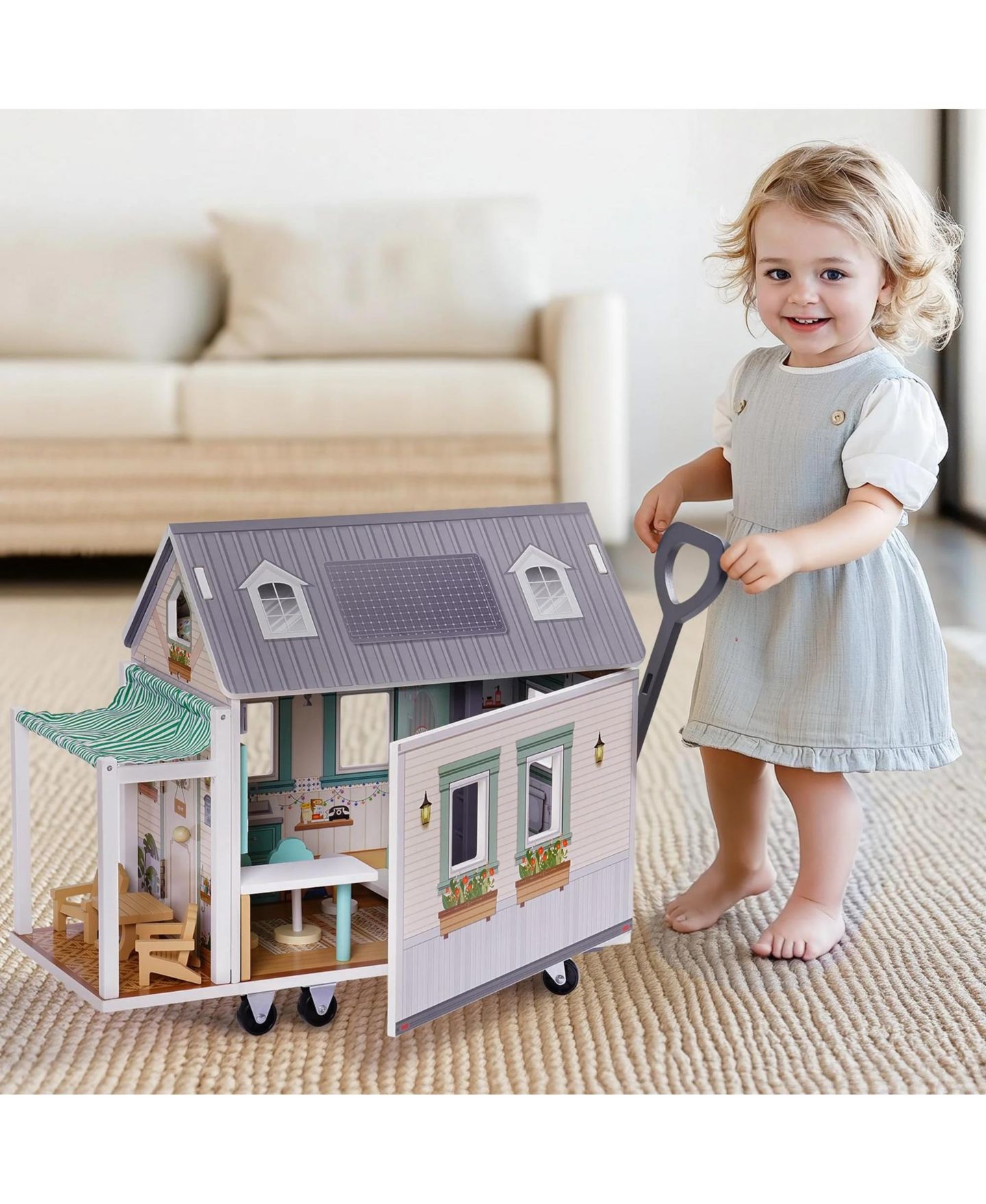 Аксессуары для кукол Robotime Two-Story Camper Van Dollhouse with Wheels and Multiple Rooms, Ages 5+, цвет: Белый — фото 2