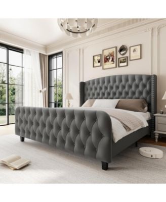Bed Frame with Deep Button Tufted Wingback Headboard and Footboard, Velvet Upholstered Platform Bed Frame, Easy Assemble