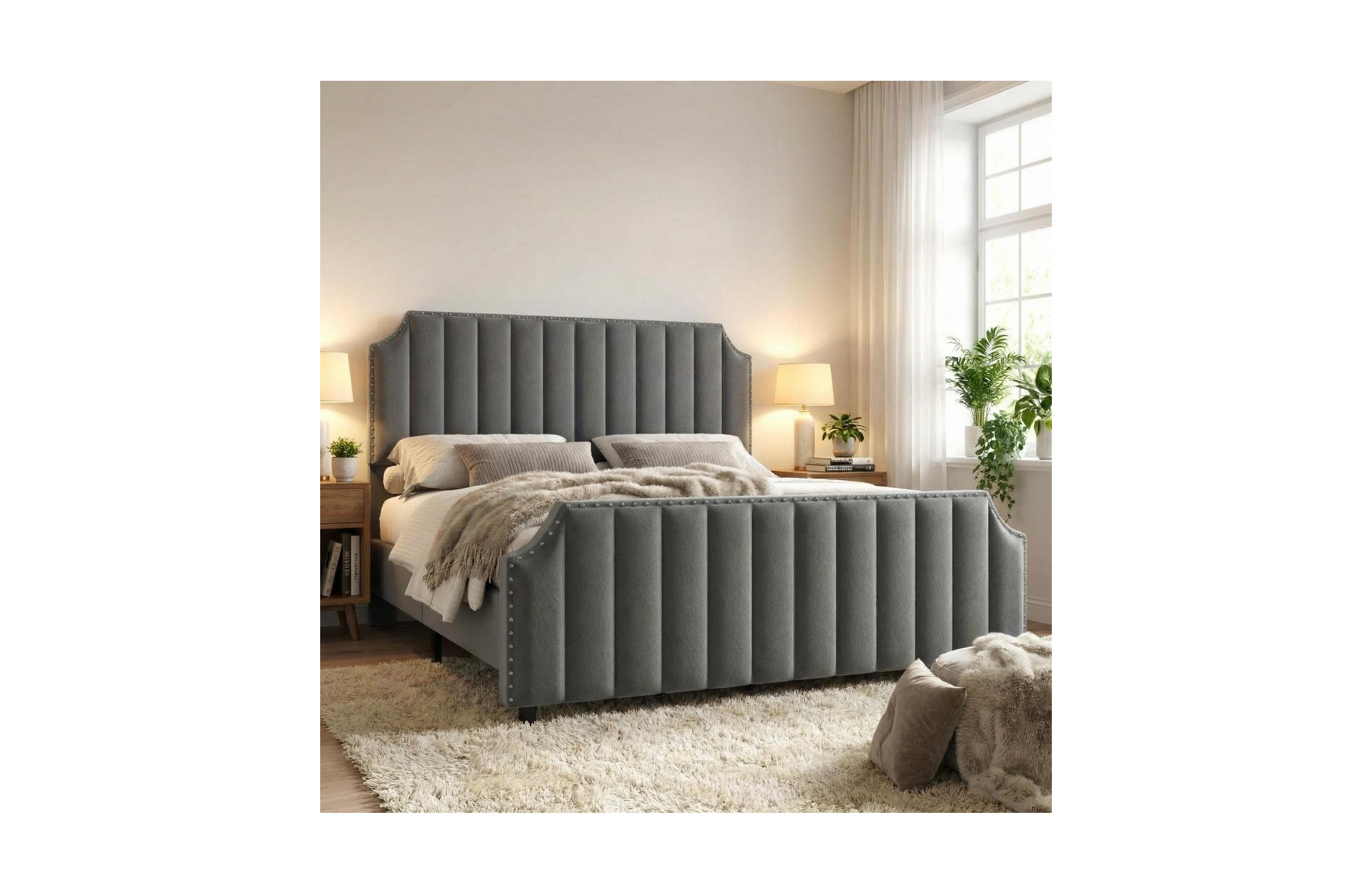 gaomon Velvet Upholstered Bed Frame with Headboard&Footboard,Platform Bed Frame with Nailhead Trim
