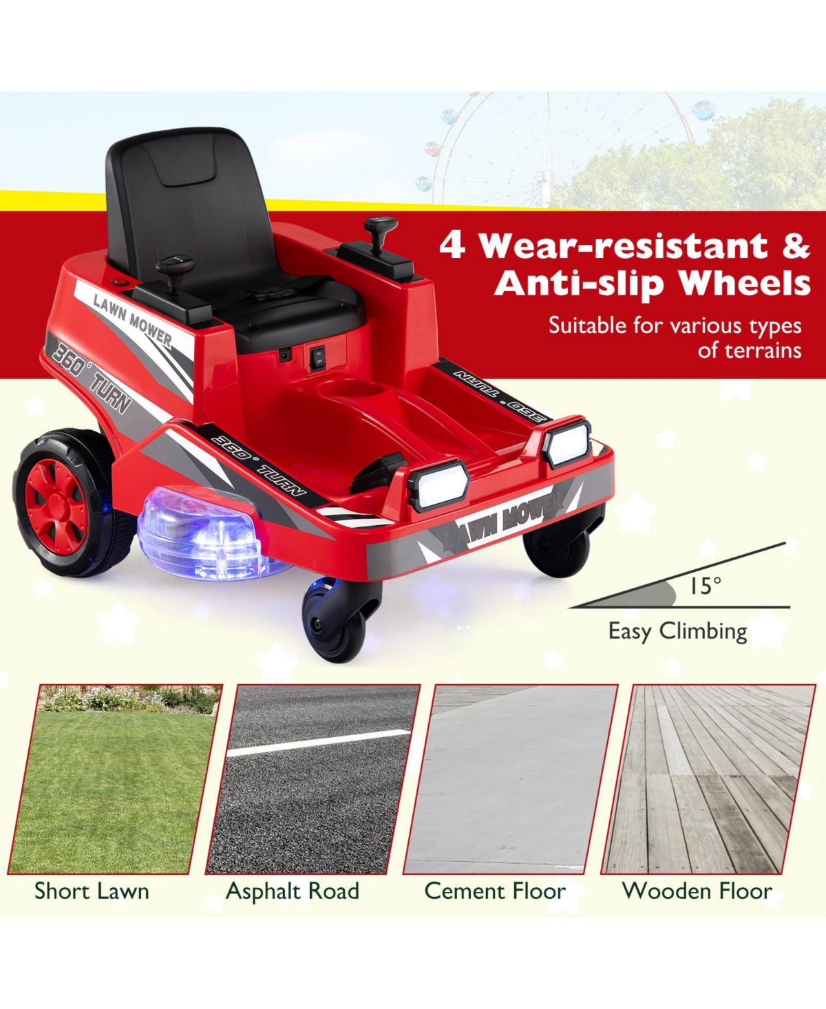 Mecale 12V Ride on Lawn Mower for Kids with Dual Control Sticks and Led Lights