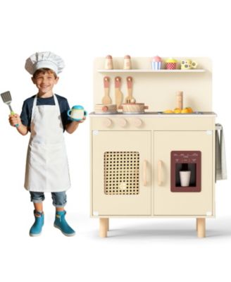 Wooden Pretend Kitchen Playset with Realistic Ice Maker for Interactive Play