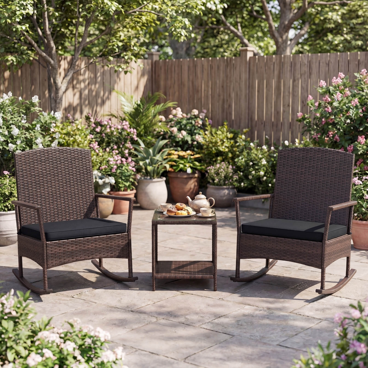 3 Piece Patio Rocking Set Wicker Chairs with 2-Tier Coffee Table