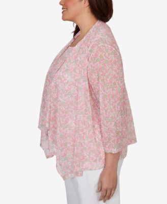 Plus Size Printed Mesh 3/4-Sleeve Cascade Cardigan Sweater