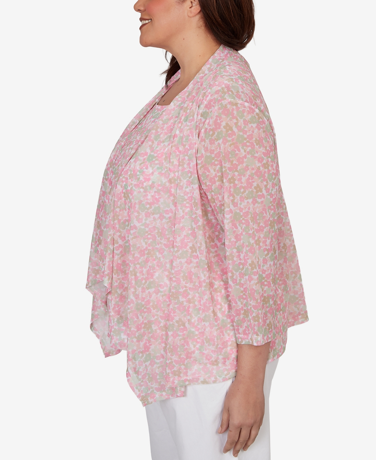 Hearts Of Palm Plus Printed Mesh 3/4-Sleeve Cascade Cardigan Sweater