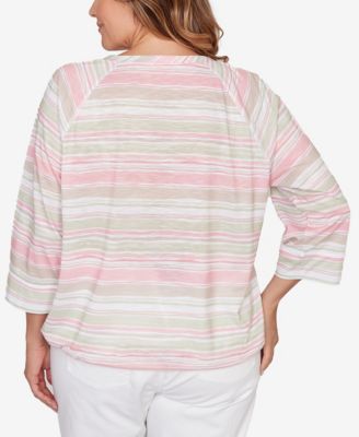 Plus Size Printed Slub Blouson with Lace Up Neck