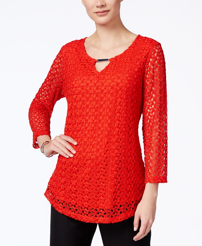 JM Collection Petite Crocheted Keyhole Blouse, Created for Macy's - Macy's