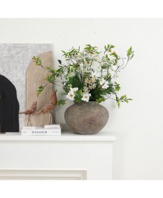 Rustic Ceramic Vase, 12.2" Wide Terracotta Pot with Earthy Gray-Brown Finish, Handcrafted