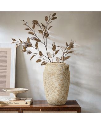 Vintage Pottery Off-White with Brown 15.75-Inch Tall Round Ceramic Vase