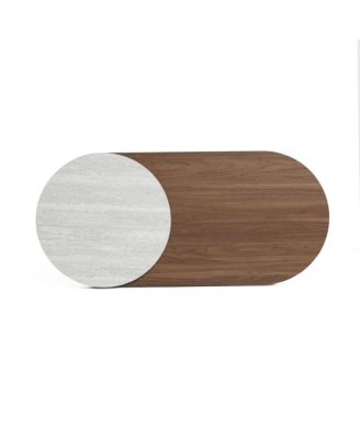 Travertine-Style and Walnut Finish MDF Wood Oval Coffee Table