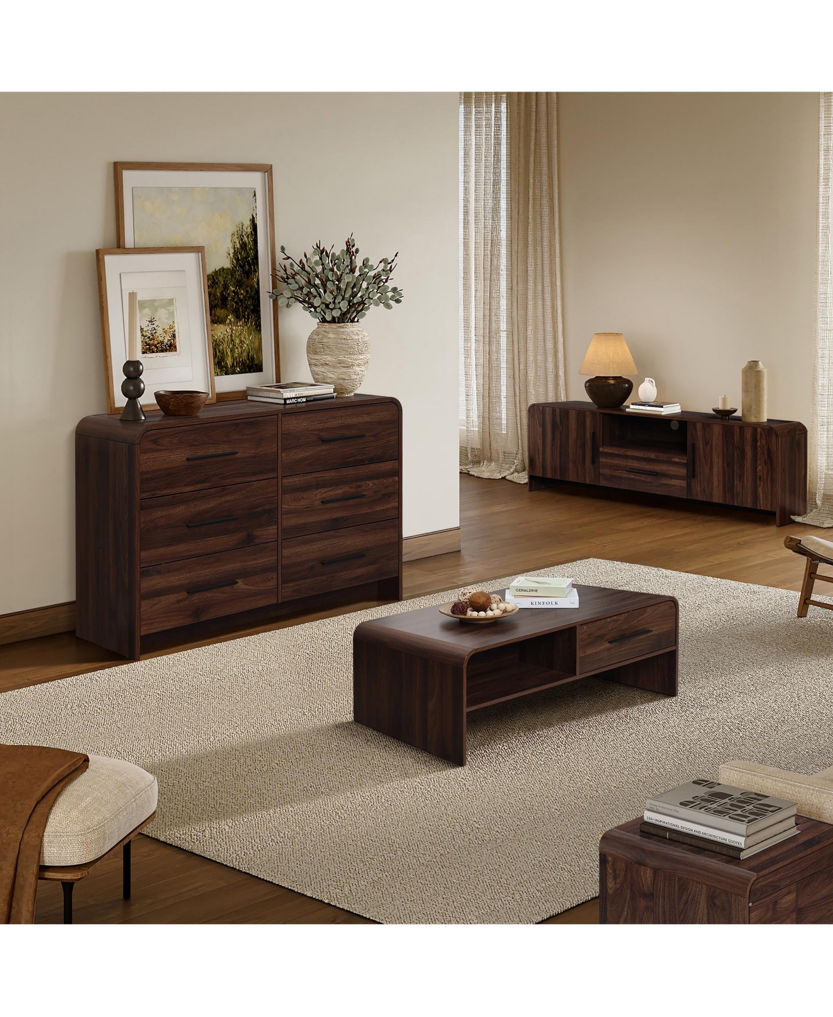 LuxenHome Modern Walnut Finish 6-Drawer Dresser, Engineered Wood Storage Chest with Rounded Corners